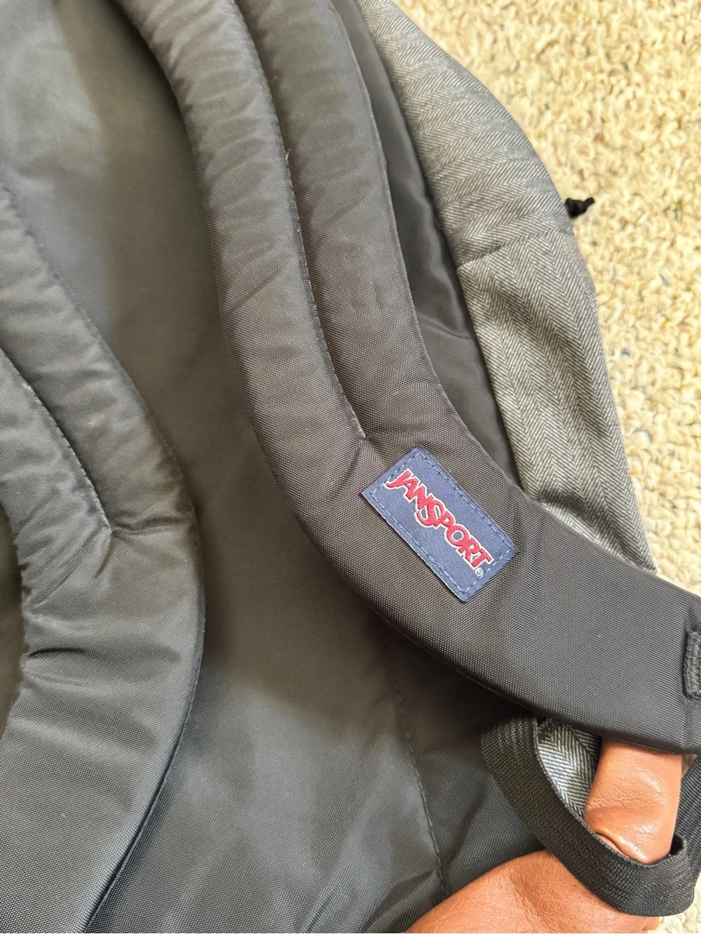 JanSport Cool Student Gray Herringbone Brown Faux Leather Laptop Backpack